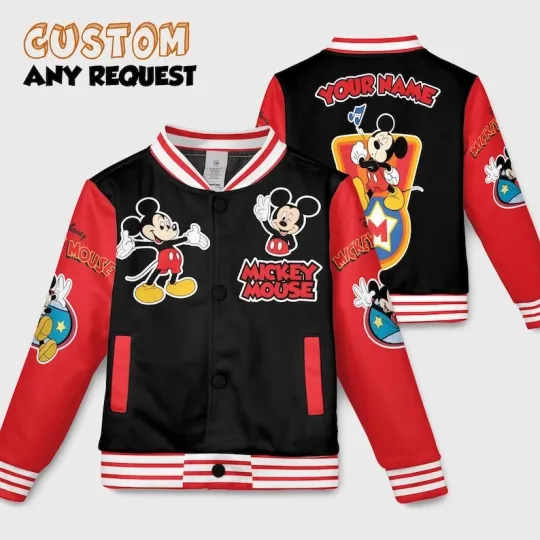 Discover Personalized Cute Mickey Mouse Stay Magical Black Red Christmas Baseball Jacket