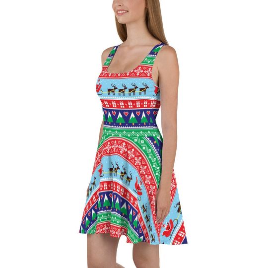 Discover Christmas Pattern Skater Dress, Christmas Skater Dress For Women, Santa and Reindeer Print Dress, Skater Dress For Christmas