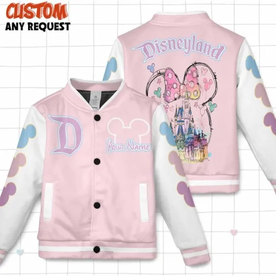 Discover Personalized Minnie Mouse Ears Castle  Pink & White Baseball Jacket