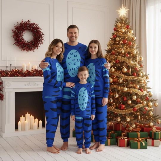 Blue Derpy Tiger Pajamas Set, Pajamas Family Set, Derpy Tiger Kpop Demon Hunter Outfit Pajamas, Movie Gift For Fans, Matching Family Pajamas