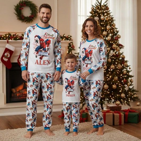 Discover Personalized Spiderman Pajamas Set, Custom Name Pajamas Family Set, Spiderman Outfit Pajamas, Movie Gift For Fans, Matching Family Pajamas