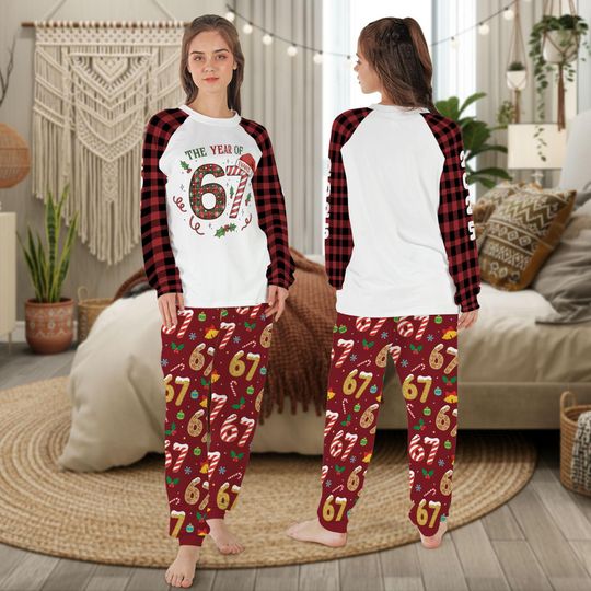 Christmas Pajama Set: 67 Meme Print, Red Plaid Sleeves, Holiday Icons