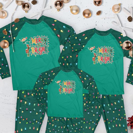 Discover Merry & Bright Adult and Kids Raglan Pajama Set: Elf on Shelf Green Sleepwear