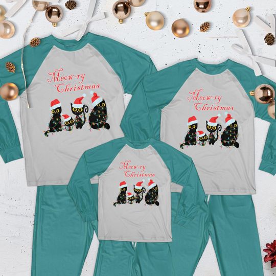 Black Cat Raglan Pajama Set: Meowry Christmas Teal Green Sleepwear