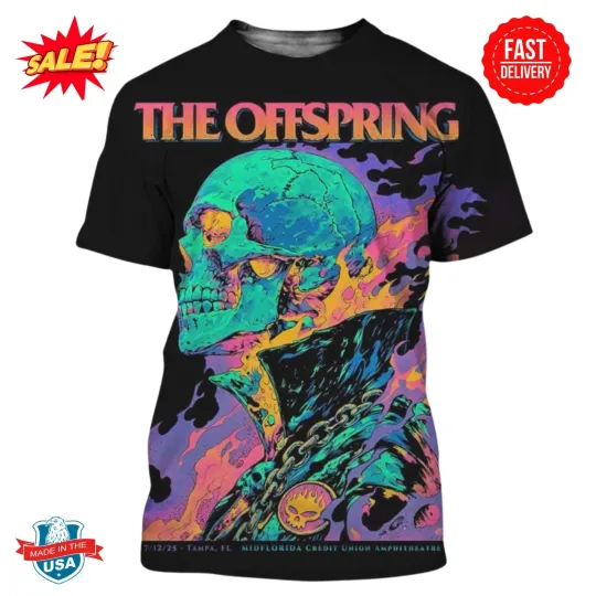 Discover The Offspring Tampa Florida 2025 On July 12 2025 Flaming Skeleton 3D Shirt