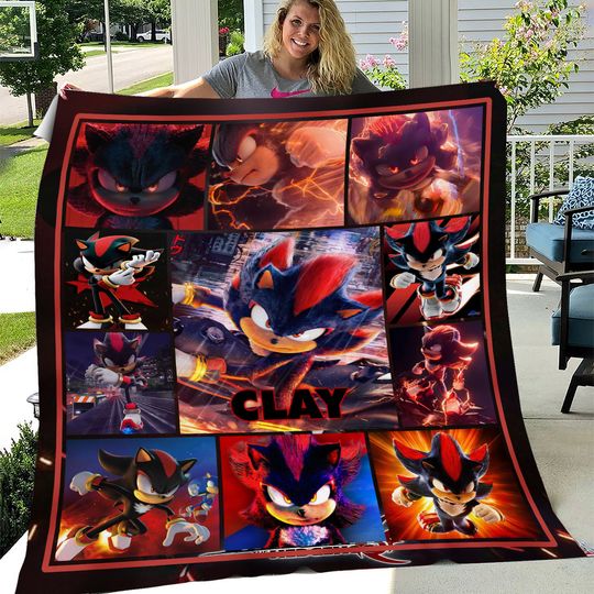 Custom Shadow The Hedgehog Blanket, Personalized Cartoon Hedgehog Minky Sherpa Blanket, Custom Name Blanket, Sonic Blanket