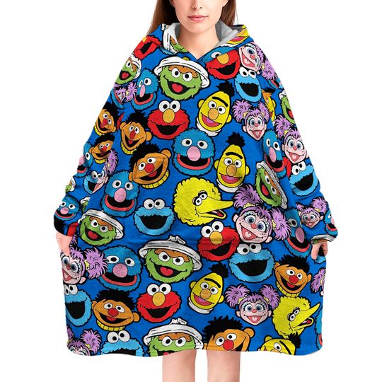 Sesame Street Characters Blanket Hoodie, Custom Sesame Oversize Blanket Hoodie