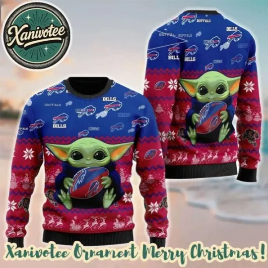 Buffalo Bill Baby Yodaa Hug The Ball football Christmas 2025 Holiday Ugly Sweater