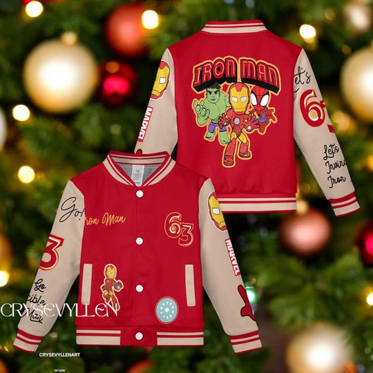 Iron Man Kids and Youth Baseball Jacket, Adult Unisex Varsity Baseball Jacket