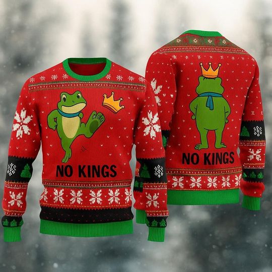 Discover Resist No King Sweater, Portland Frog Protest Ugly Sweater, Anti ICE Sweater, No Kings Day Sweater, No Kings Protest Sweater