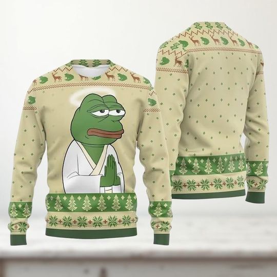 Funny Frog Meme Ugly Christmas Sweater, Peaceful Yoga Frog Holiday Sweater, Cute Relaxed Xmas Outfit Gift for Adults Kid