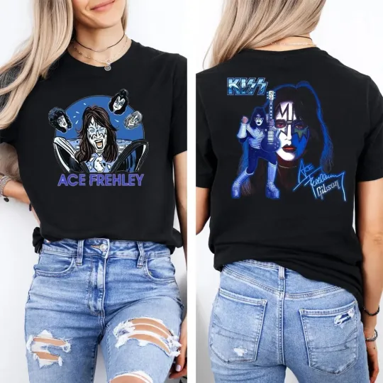 Discover KISS Ace Frehley Official Double Sided T-Shirt Black Guitar Band Merch