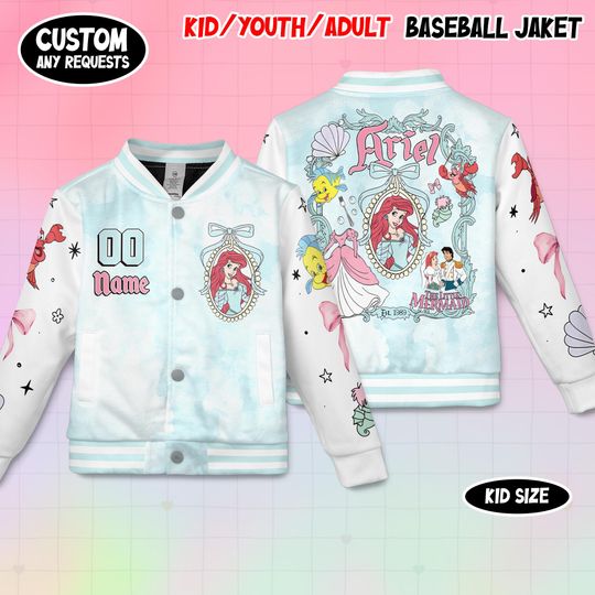 Discover Custom Disney Ariel Princess Kids and Youth Baseball Varsity Jacket, Aldult Unisex Varsity Baseball Jacket, The little mermaid Jacket