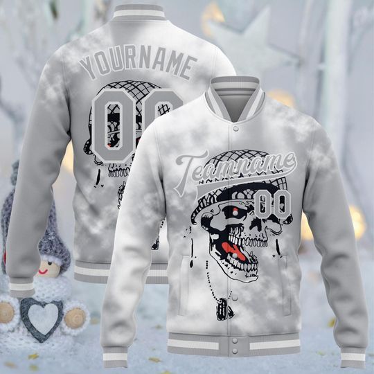 Discover Custom Skull Varsity Bomber Jacket  Personalized Team Name & Number 00, Your Name on Back, Unisex Streetwear, Grey Tie Dye Gift Jacket