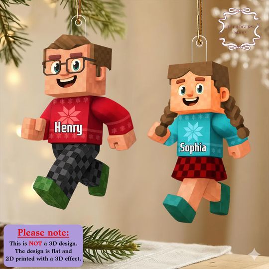 Personalized 2D Kid Walking Voxel Ornament, Building Block Acrylic Ornament, Roblox Game Ornament, Minecraft Christmas Ornament, Gamer Gift
