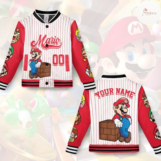 Discover Personalized Super Mario Baseball Jacket, Video Game Mario Luigi Princess Peach, Super Mario Bros Kids Birthday Boy/Girl Jacket, Mario Gifts