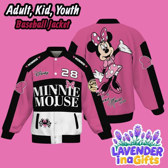 Discover Minnie Mouse Baseball Jacket  Disney Pink Varsity Jacket for Adult Kid Youth, 3D All Over Print Minnie Bomber, Family Matching Gift