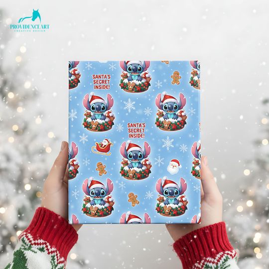 Discover Stitch Christmas Wrapping Paper: Blue Holiday Cartoon Paper