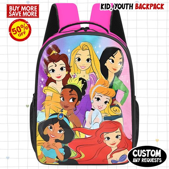 Discover Disney Princess Backpack, Princess School Bag, Birthday Girl Kids Backpack, Birthday Gift, Fun Travel Bag, Summer Vacation, Disney Backpack