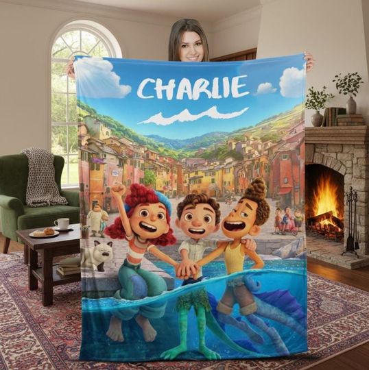 Discover Custom Family Cartoon Fleece Blanket with Name, Summer Cartoon Blanket, Birthday Gift for Kids