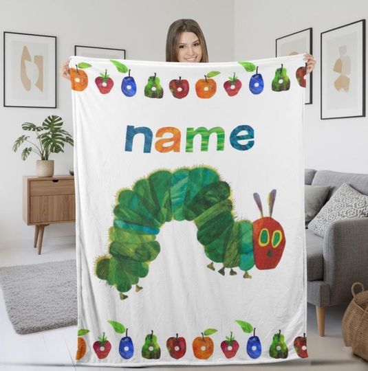 Discover Personalized Caterpillar Cartoon Blanket for Kids, Custom Name Fleece Throw, Boy and Girl Gift