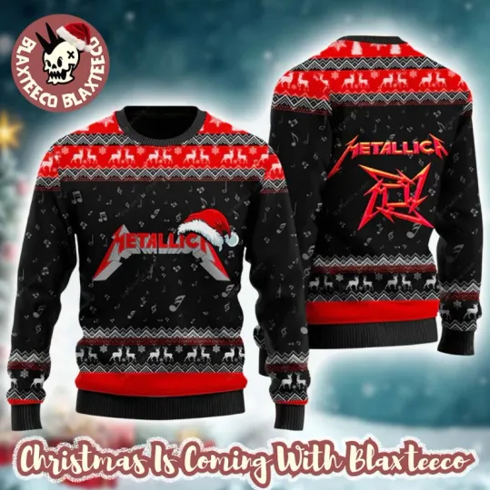 Discover MMetallica Signature Logo Ninja Star With Santa Hat Reindeer Ugly Sweater