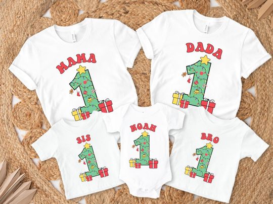 Discover First Christmas Tree Birthday Party, Christmas Family Matching 2024 Shirts, Winter Onederland 1st Birthday Boy Girl Tshirt, Merry Birthday
