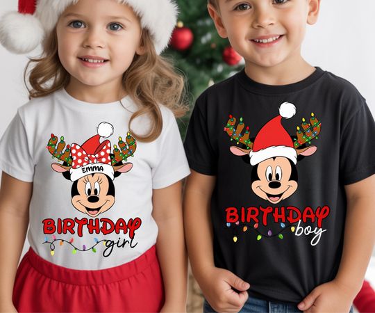 Discover Custom Christmas Birthday Shirt | Personalized Name Holiday Tee | Mickey or Minnie Birthday Christmas Shirt | Boy Girl Xmas Matching Outfit