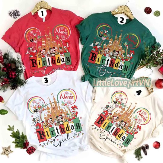 Discover Personalized Disney Christmas Family Birthday Shirt, Mickey and Friends Christmas Birthday Party Outfit, Disney Castle Shirt, Birthday Girl