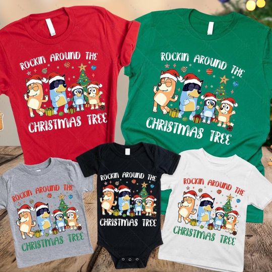 Discover BlueyDad Christmas Family Shirt, Rockin Around The Christmas Tree TShirt, Family Matching BlueyDad Characters Pajamas