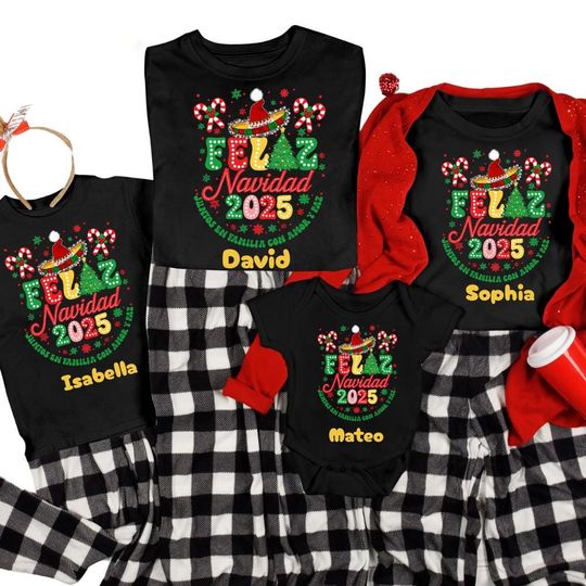 Discover Custom Feliz Navidad 2025 Shirt, Personalized Spanish Christmas Family Matching Tee, Spanish Merry Christmas 2025 Sweatshirt,