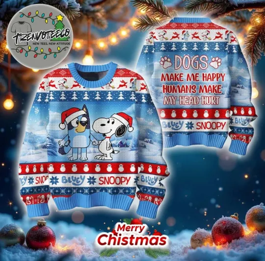 BlueyDad Snoopyy Peanutt Merry Xmas Human Makes My Head Hurt Ugly Sweater