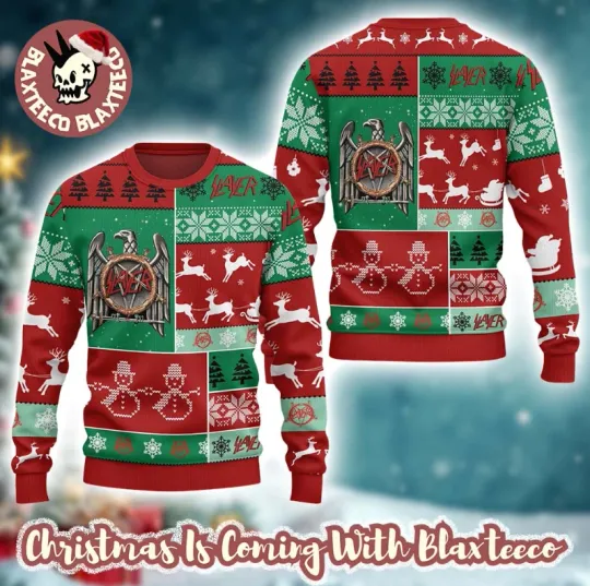 Discover Slayer Band Eagle Logo Reindeer Pattern Checker Retro Style Ugly Sweater
