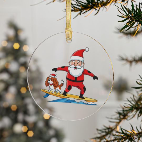 Discover Acrylic Ornaments - Cute Funny Santa Surfing with Cavelier King Charles Dog, Surfing Lovers Gift, Holiday Decoration, Dog Lover Ornament,