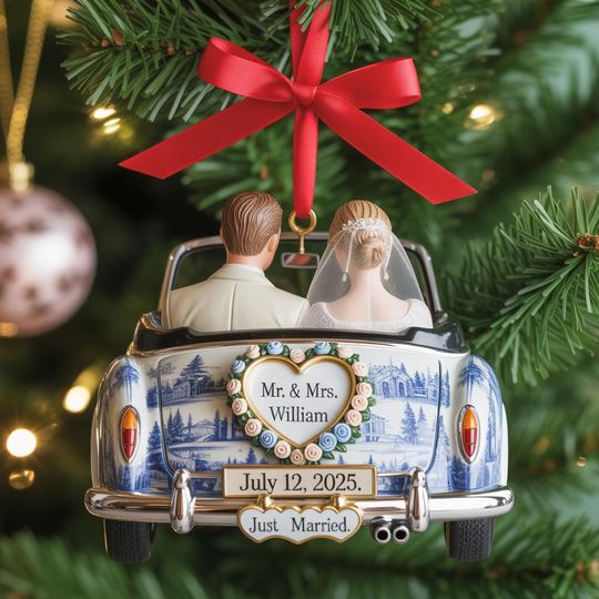 Personalized Just Married Whimsical Ornament Acrylic, Wedding Car 2025 Gift, First Christmas Married 2025 Ornament, Couple Personalized Gift