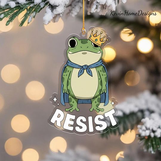 Resist Frog Ornament: Acrylic, Crown Design, 2025