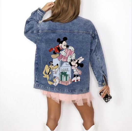 Discover Disney Christmas Oversized Denim Jacket with Disney Friends Screen Print | Mickey Denim Jacket