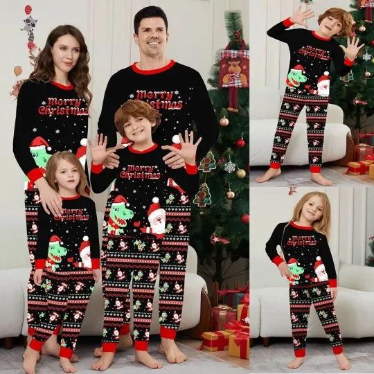 Family Christmas Matching Pajama Set for Adults and Kids Dinosaur Nightwear