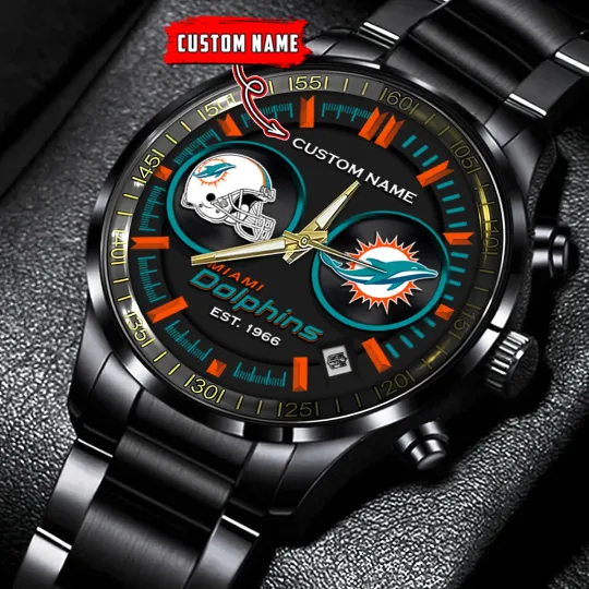 Discover Miamis Team Dolphins Football Black Stainless Steel Watch With Full Box