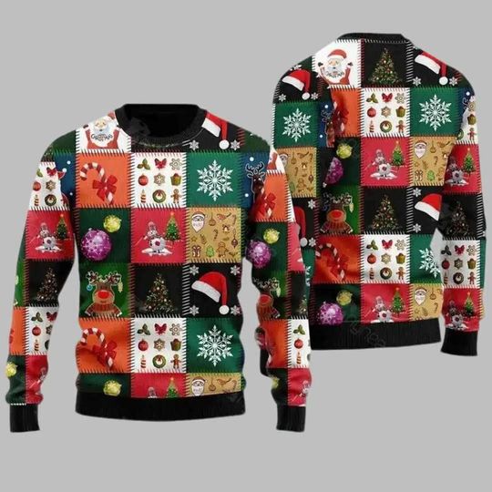 Patchwork Icons Ugly Christmas Sweater, Retro Christmas Block Sweater, Festive Gift for Men Women