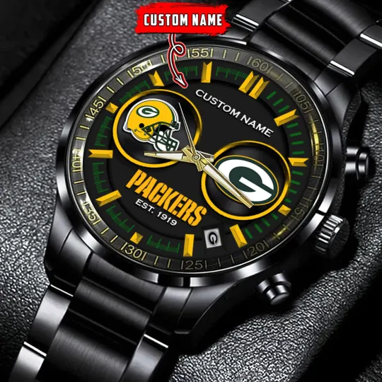 Discover Greenbays Team Packers Football Black Stainless Steel Watch With Full Box
