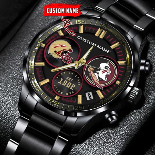 Discover Florida-States Team-Seminoles Football Black Stainless Steel Watch With Full Box