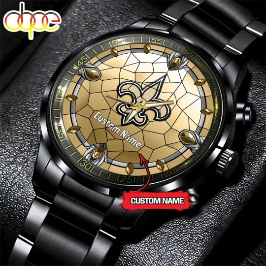 Discover New-Orleans-Team Saints Stained Glass Football Black Stainless Steel Watch