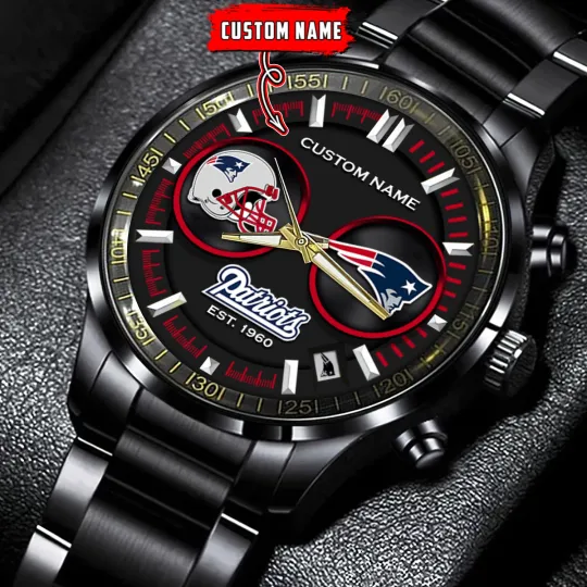 Discover New-Englands Team-Patriotss Football Black Stainless Steel Watch With Full Box