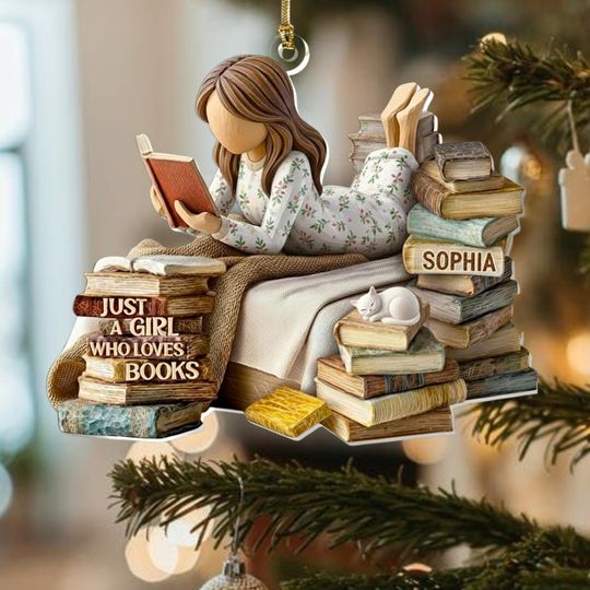Discover Just A Girl Who Loves Books & Cats Acrylic Ornament, Custom Reading Themed Christmas Ornament, Cozy Bibliophile Decor, Gift for Book Lovers