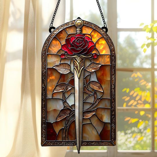 Discover Red Rose and Sword Acrylic Window Hanging, Bookish Gift for Fantasy Lovers, Sword Faux Stained Glass Ornament, Book Lover Window Decor