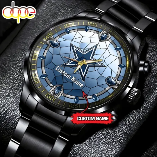 Dallas Team Cowboys Stained Glass Football Black Stainless Steel Watch