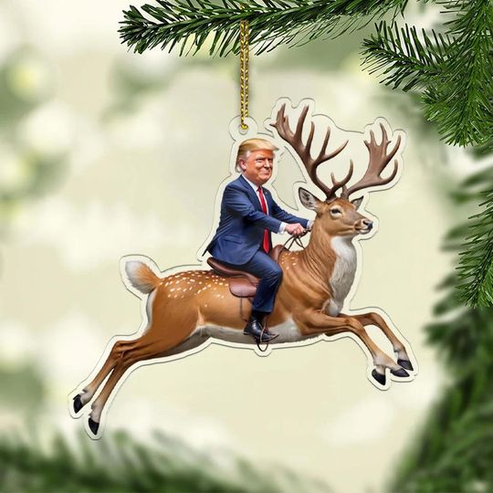 Trump Riding Reindeer Ornament, Funny Trump Christmas Acrylic Ornament, Maga President Christmas Tree Decor, Donald Trump Xmas Decor