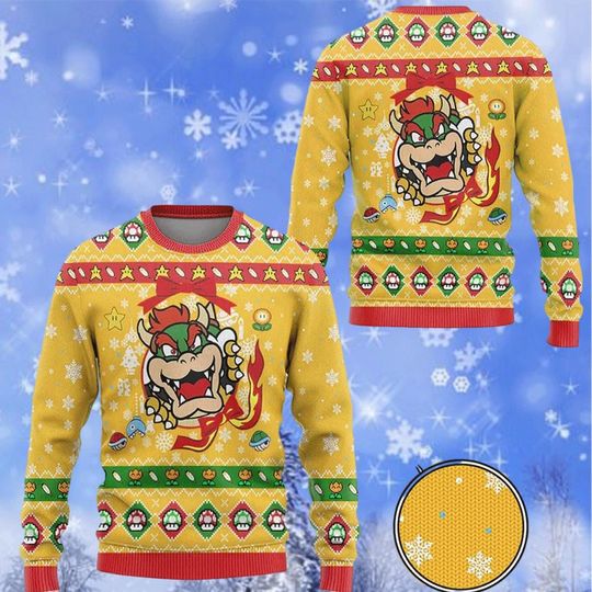 Christmas Gift, Mario Bowser 3D Ugly Sweater, Bowser Costume Shirt, Super Mario Bros Cosplay Sweaters