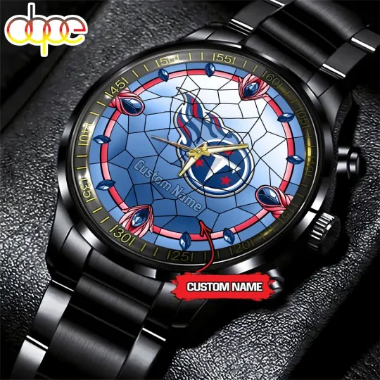 Tennessees Team-Titans Stained Glass Football Black Stainless Steel Watch